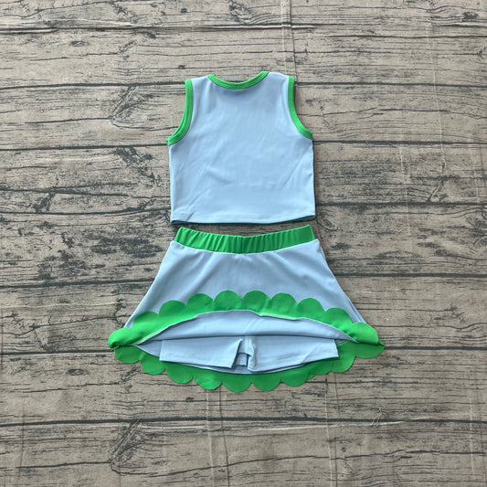 Baby Girls Sleeveless Blue Green Vest Scallop Skirt Short Yoga Active Clothes Set Preorder