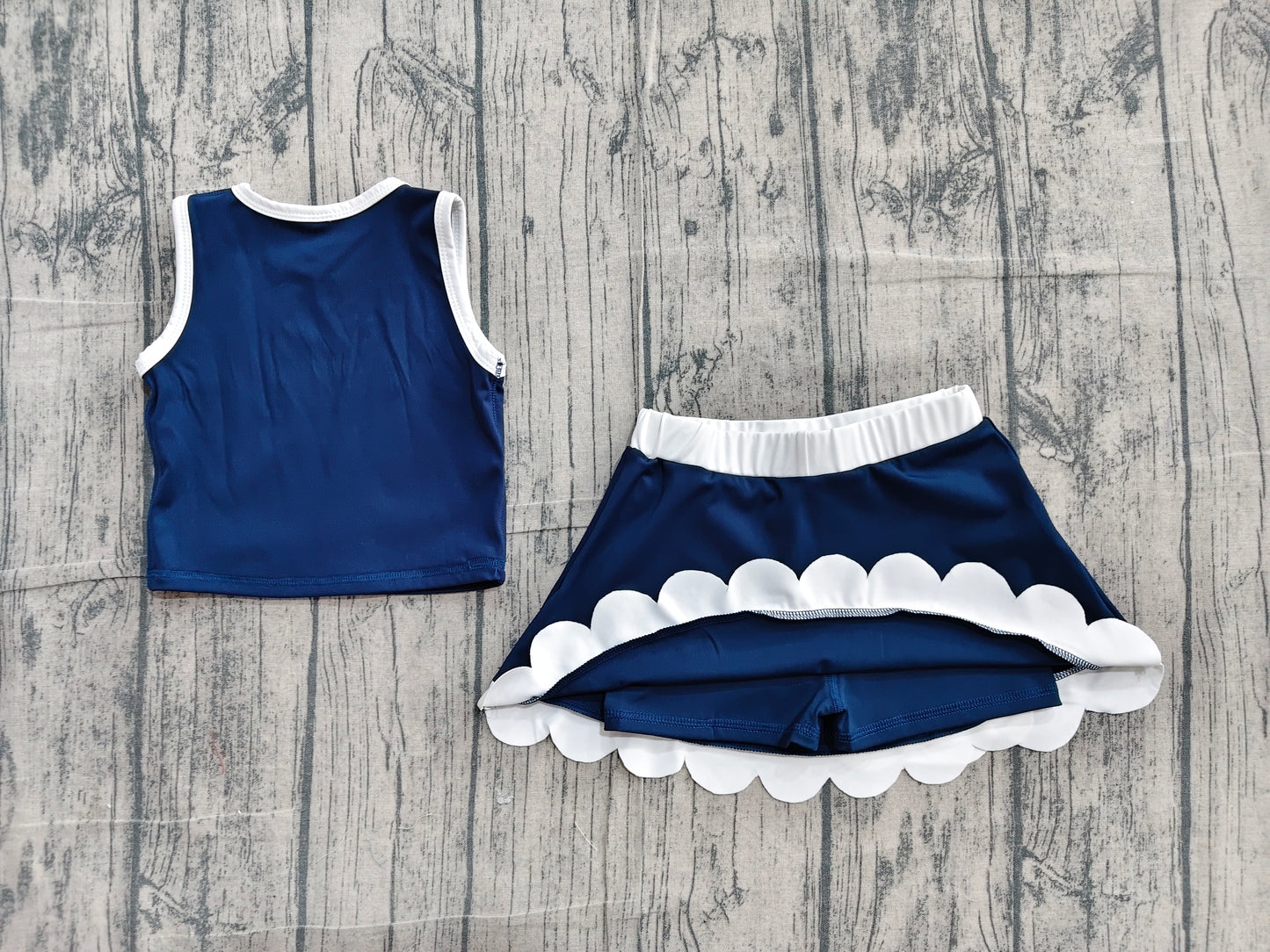 Baby Girls Sleeveless Navy White Vest Scallop Skirt Short Yoga Active Clothes Set