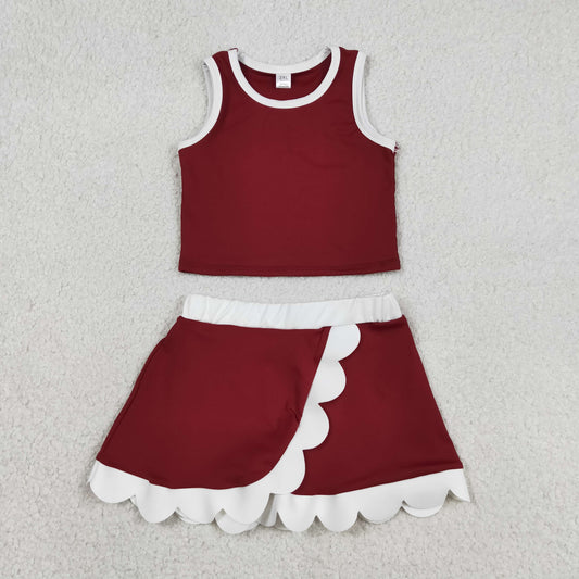 Baby Girls Sleeveless Maroon Vest Scallop Skirt Short Yoga Active Clothes Set