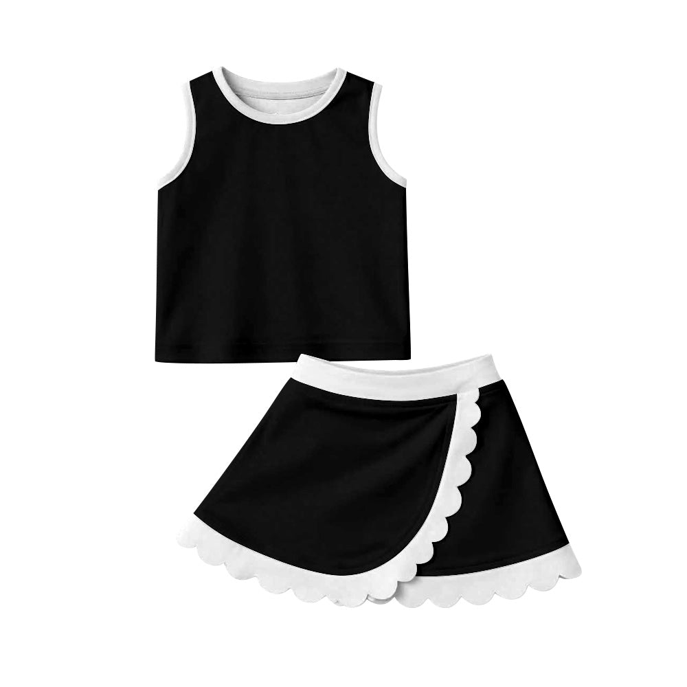 Baby Girls Sleeveless Black Vest Scallop Skirt Short Yoga Active Clothes Set Preorder