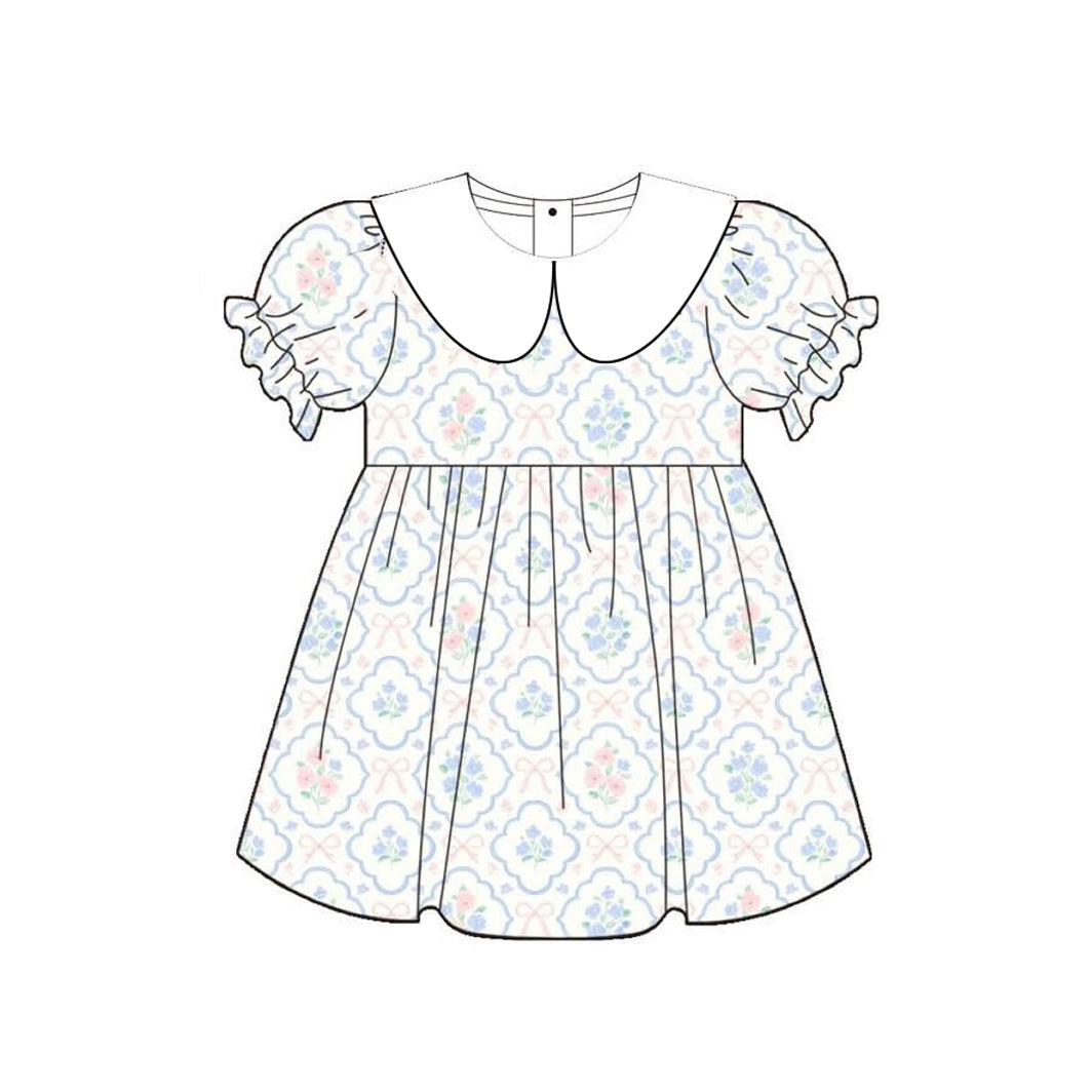 Baby Girls Bows Flowers Checked Collar Knee Length Dresses Preorder