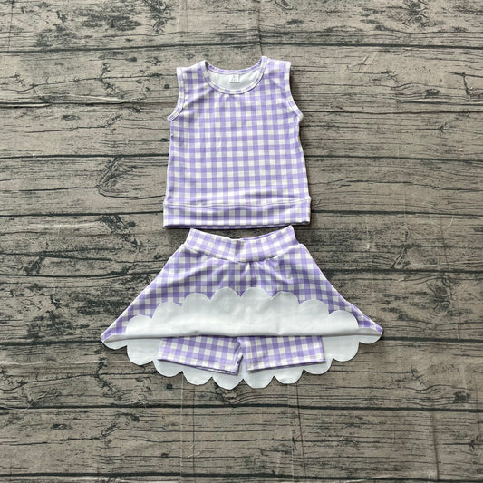 Baby Girls Lavender Checked Vest Scallop Skirt Short Yoga Active Clothes Set Preorder