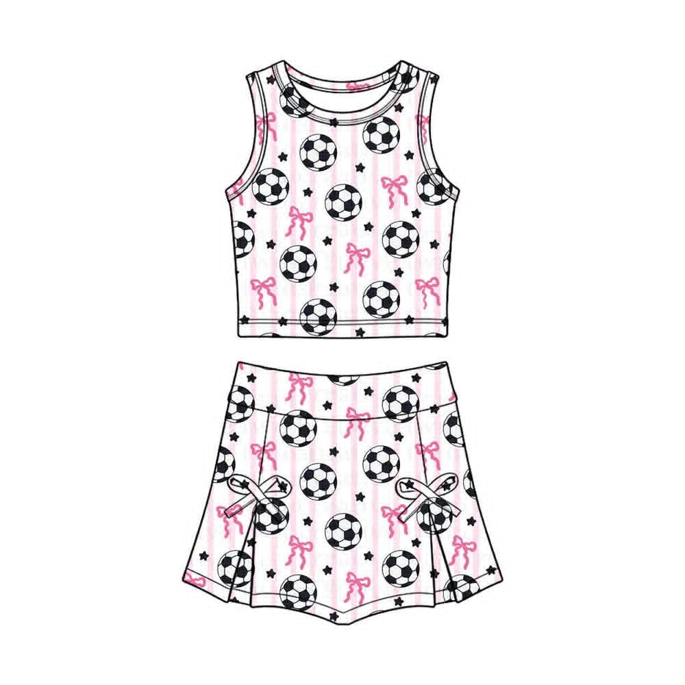 Baby Girls Pink Stripe Bows Footballs Vest Skirt Short Team Yoga Active Clothes Set Preorder