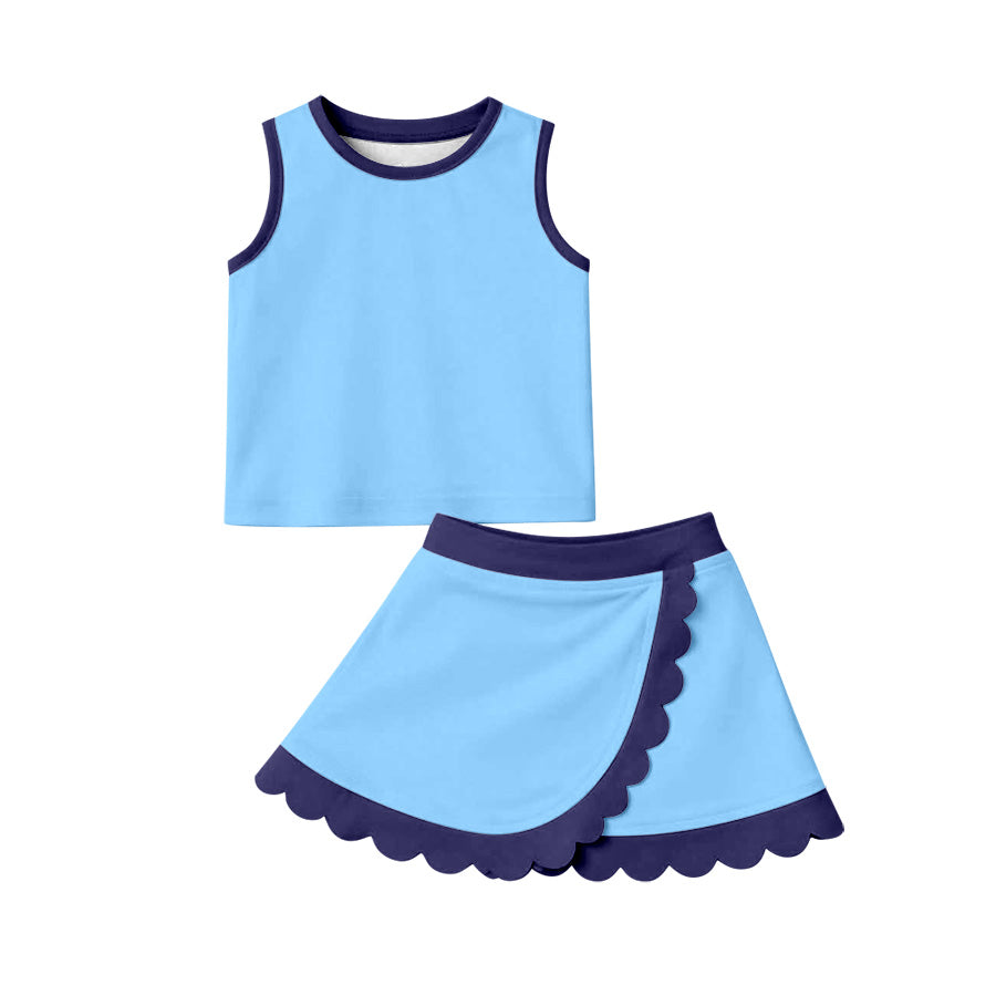 Baby Girls Blue Vest Scallop Skirt Short Yoga Active Clothes Set Preorder