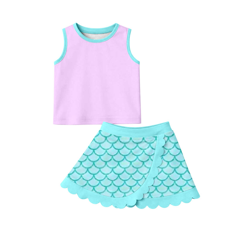 Baby Girls Lavender Aqua Mermaid Vest Scallop Skirt Short Yoga Active Clothes Set Preorder
