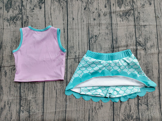 Baby Girls Lavender Aqua Mermaid Vest Scallop Skirt Short Yoga Active Clothes Set Preorder