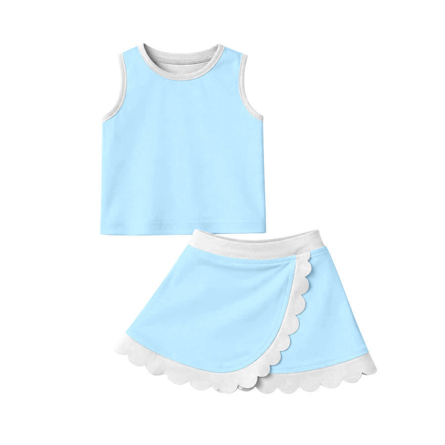 Baby Girls Light Blue Vest Scallop Skirt Short Yoga Active Clothes Set Preorder