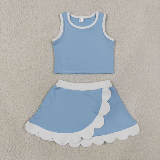 Baby Girls Light Blue Crop Scallop Skirt Short Yoga Active Clothes Sets