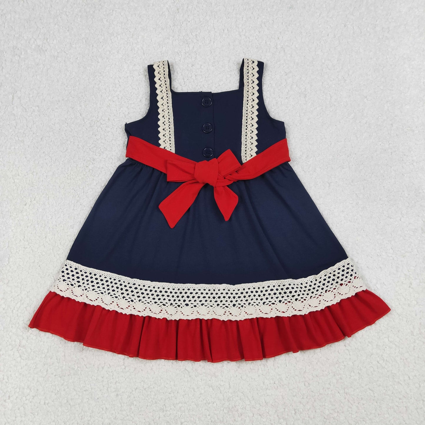 Baby Girls Sleeveless Embroidery Flags 4th of July Belt Ruffle Knee Length Dresses
