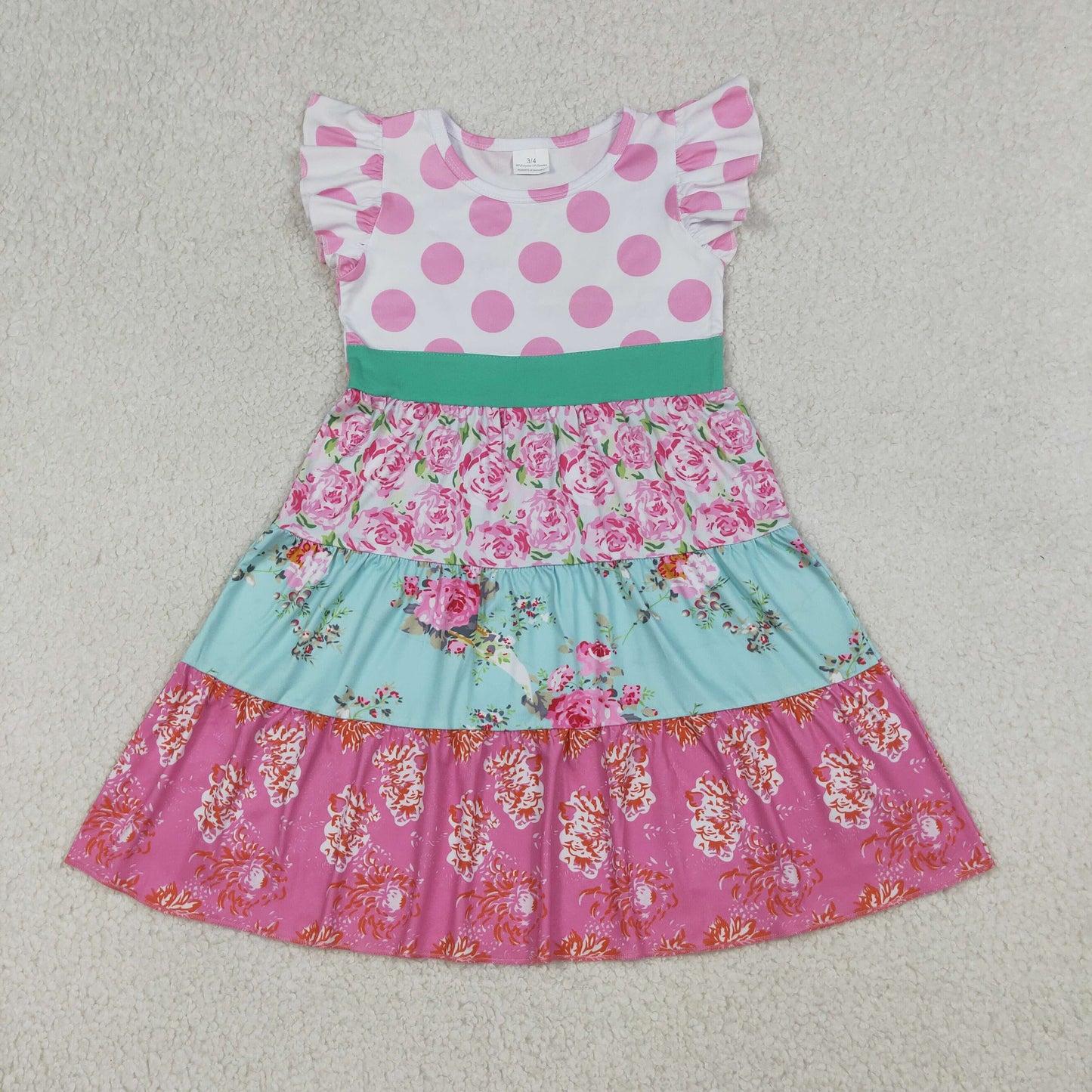 Baby Girls Flutter Sleeve Flowers Patchwork Knee Length Dresses