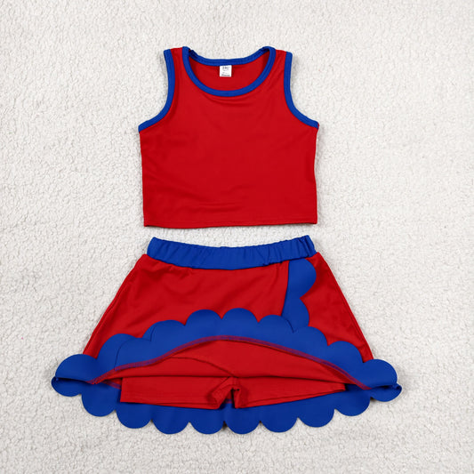 Baby Girls Red Hot Blue Vest Scallop Skirt Short Yoga Active Clothes Set