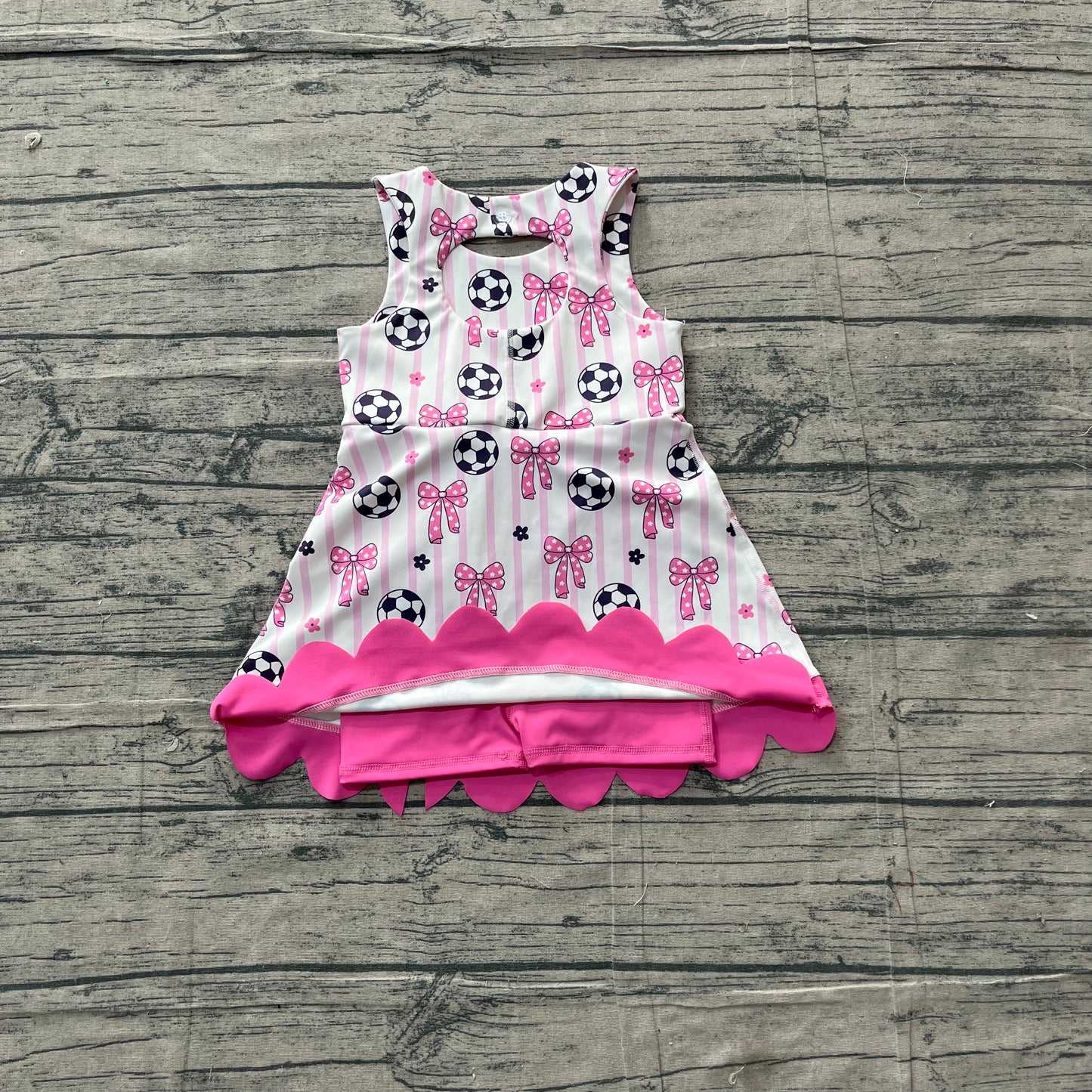 Baby Girls Footballs Bows Team Yoga Active Short Scallop Knee Length Dress
