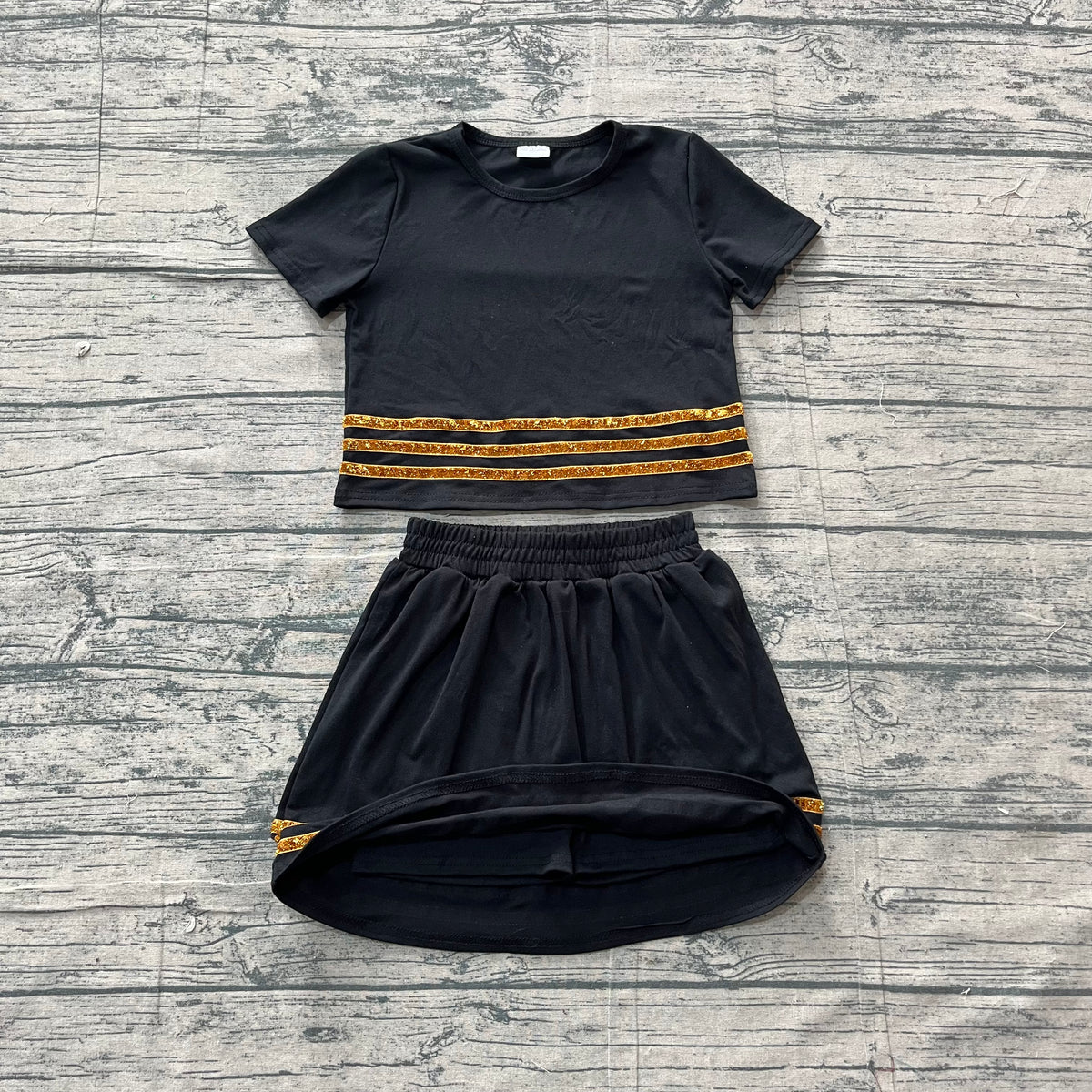 Baby Girls Black Short Sleeve Gold Stripe Top Skirt Short Slouchy Clothes Sets