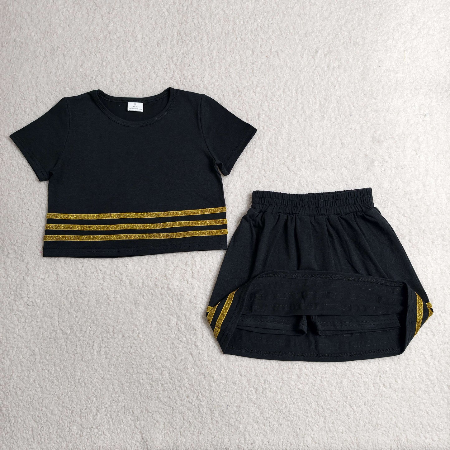 Baby Girls Black Short Sleeve Gold Stripe Top Skirt Short Slouchy Clothes Sets