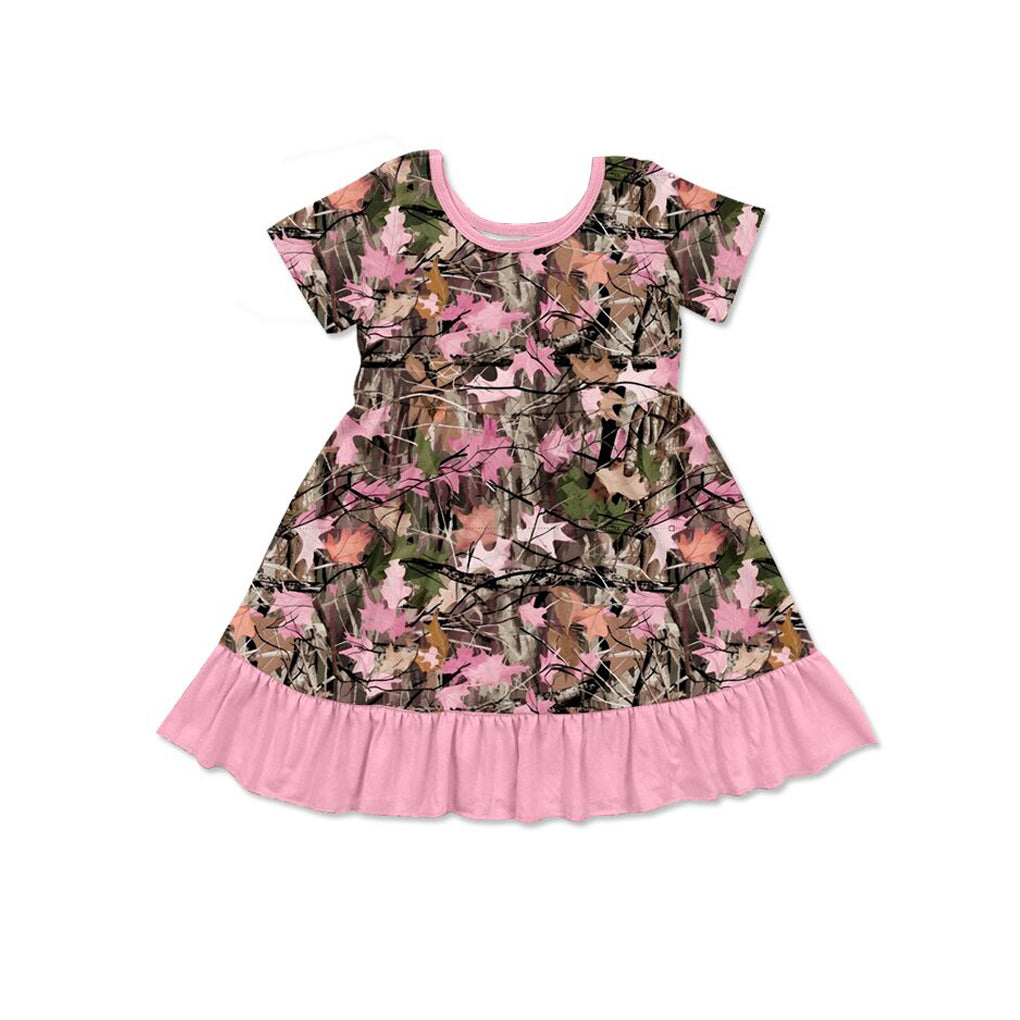 Baby Girls Short Sleeve Pink Leaves Camo Ruffle Knee Length Dresses Preorder