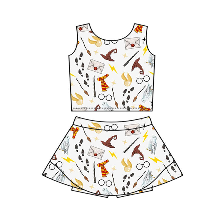 Baby Girls Sleeveless Birds Letter Top Skirt Short Halloween Yoga Active Clothes Set Preorder