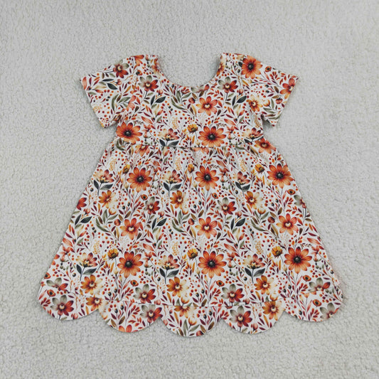 Baby Girls Short Sleeve Sunflowers Fall Scallop Knee Length Dresses