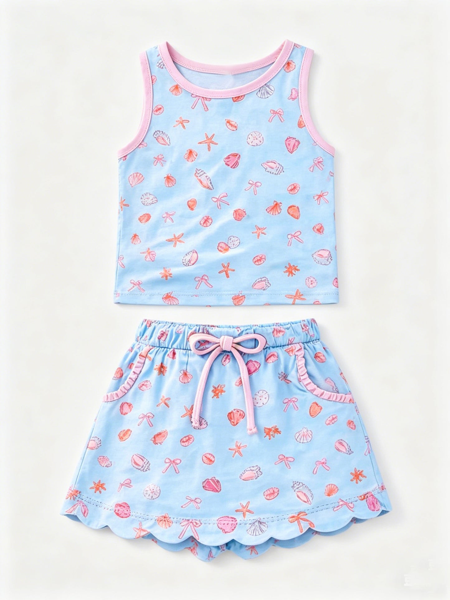 Baby Girls Bows Starfishes Vests Pockets Skirt Short Scallop Clothes Sets Preorder