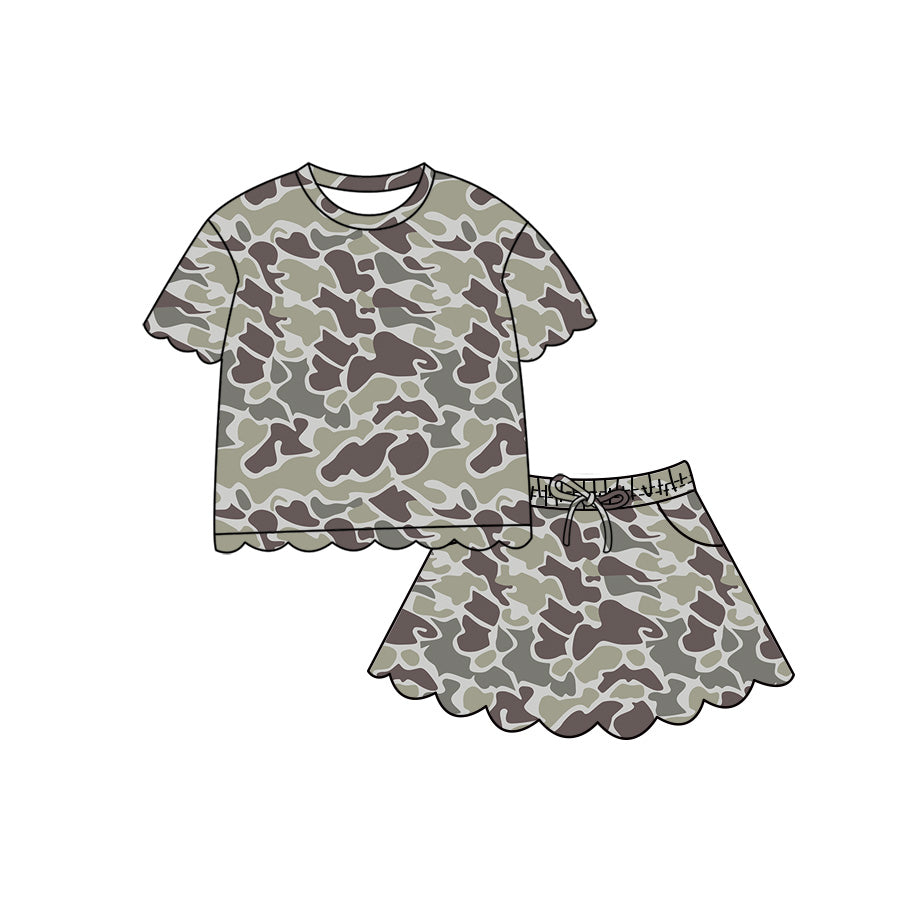 Baby Girls Short Sleeve Southern Grey Camo Scallop Top Skirt Short Clothes Set Preorder