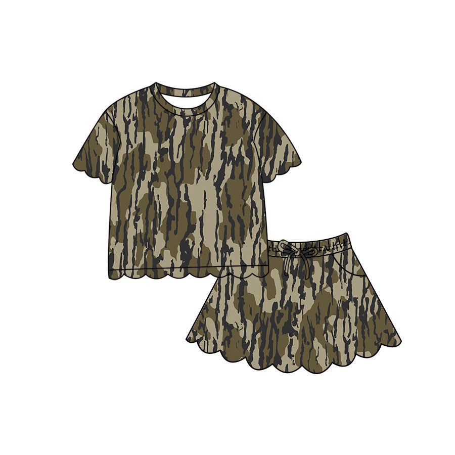 Baby Girls Short Sleeve Southern Olive Camo Scallop Top Skirt Short Clothes Set Preorder