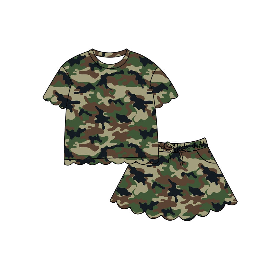 Baby Girls Short Sleeve Southern Green Camo Scallop Top Skirt Short Clothes Set Preorder