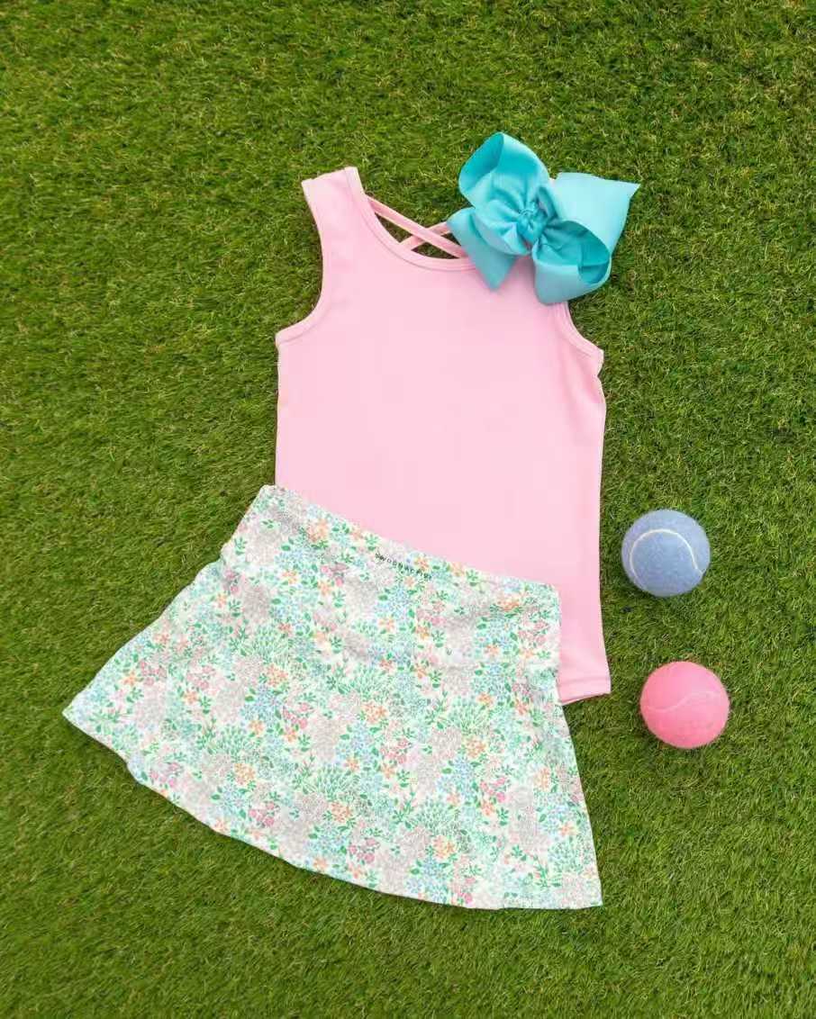 Baby Girls Pink Sleeveless Shirt Top Colorful Flowers Skirt Short Clothes Set Preorder
