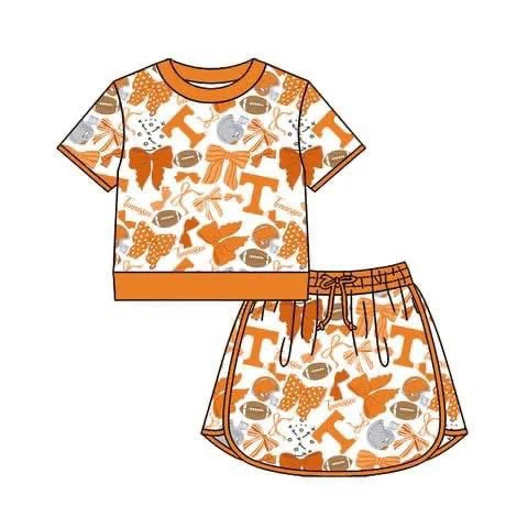 Baby Girls Orange Bows Footballs T Top Skirt Shorts Team Yoga Active Clothes Sets Preorder