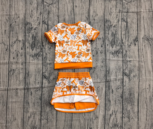 Baby Girls Orange Bows Footballs T Top Skirt Shorts Team Yoga Active Clothes Sets Preorder