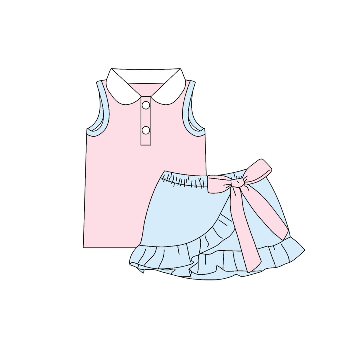 Baby Girls Pink Aqua Button Vest Top Ruffle Bows Skirt Short Clothes Set Preorder
