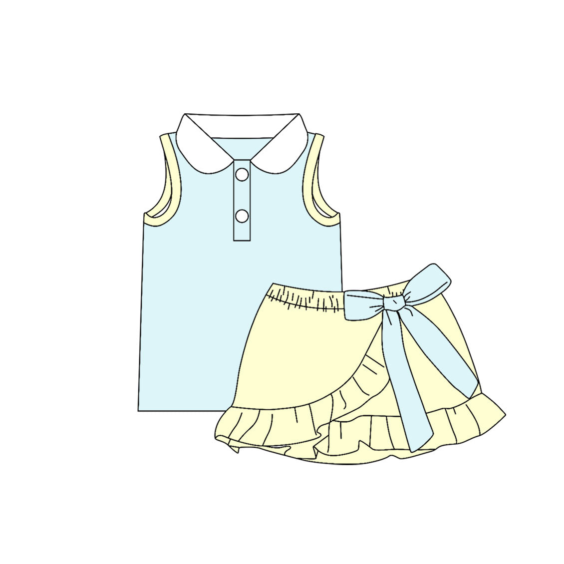 Baby Girls Aqua Yellow Button Vest Top Ruffle Bows Skirt Short Clothes Set Preorder