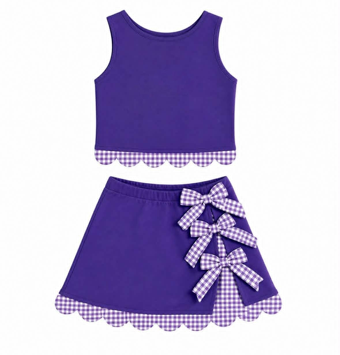 Baby Girls Purple Sleeveless Vest Bows Skirt Short Yoga Active Scallop Clothes Sets Preorder