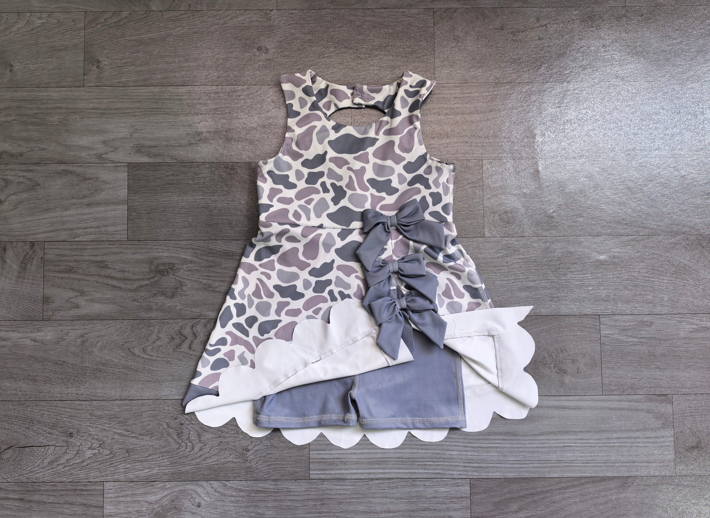 Baby Girls Southern Light Grey Camo Yoga Active Short Bows Scallop Knee Length Dress