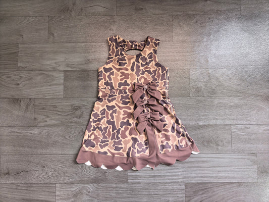 Baby Girls Southern Brown Grey Camo Yoga Active Short Bows Scallop Knee Length Dress Preorder