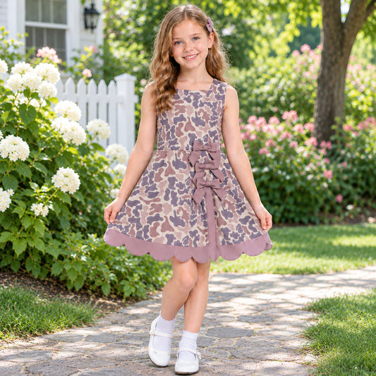 Baby Girls Sleeveless Brown Camo Yoga Active Short Scallop Bows Knee Length Dress