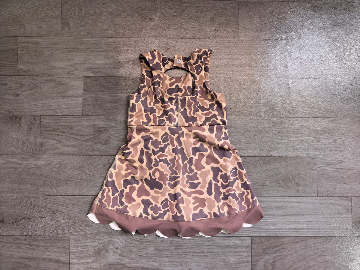 Baby Girls Sleeveless Khaki Camo Yoga Active Short Scallop Bows Knee Length Dress