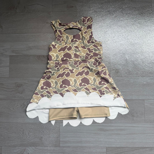 Baby Girls Southern Khaki Camo Yoga Active Short Bows Scallop Knee Length Dress Preorder