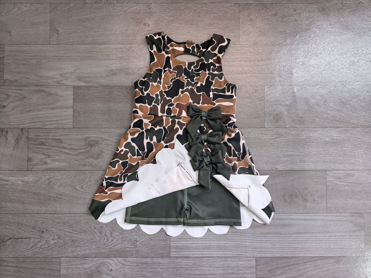 Baby Girls Dark Brown Camo Yoga Active Short Bows Scallop Knee Length Dress