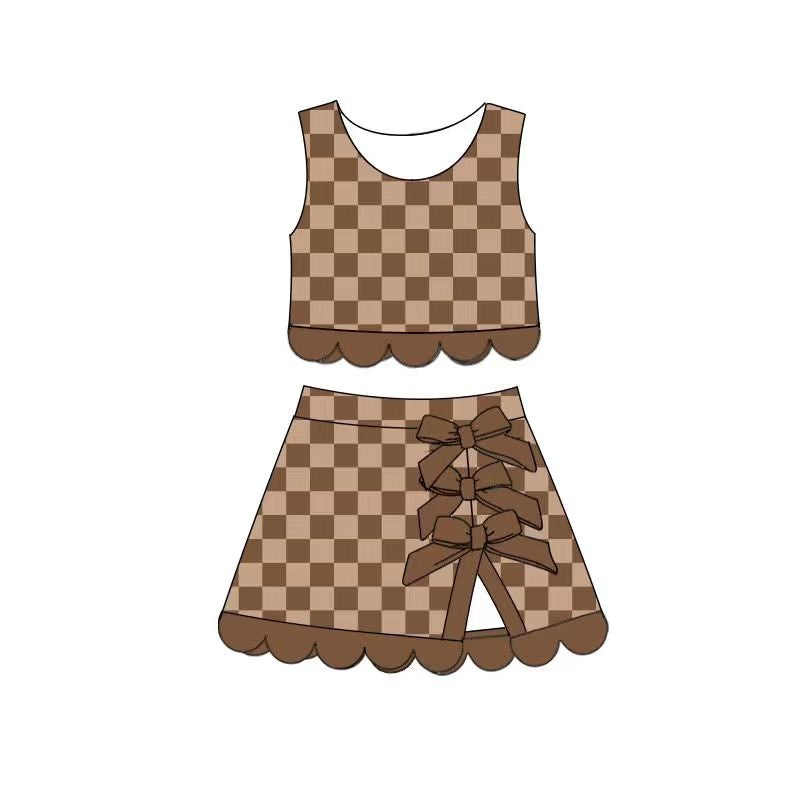 Preorder moq 5 Baby Girls Khaki Checked Vest Skirt Short Yoga Active Shorts Scallop Clothes Set