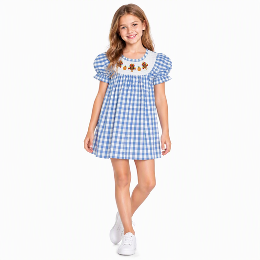 Smocked Turkey Baby Girls Blue Checked Thanksgiving Knee Length Dress