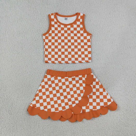 Baby Girls Orange Checked Vest Scallop Skirt Short Yoga Active Clothes Set
