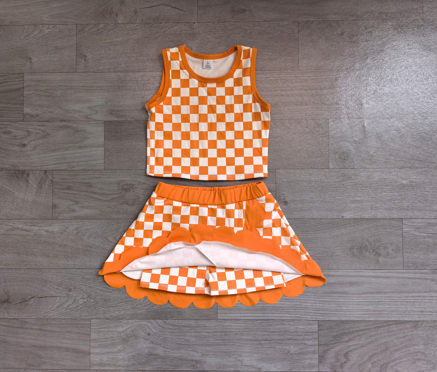 Baby Girls Orange Checked Vest Scallop Skirt Short Yoga Active Clothes Set