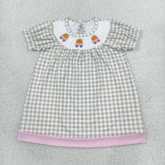 Sibling Baby Girls Smocked Pumpkin Trucks Khaki Checked Fall Dress Rompers