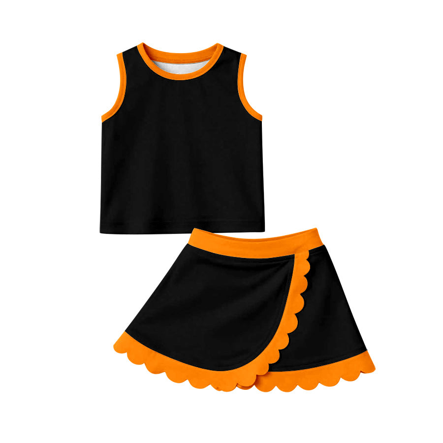 Preorder moq 5 Baby Girls Orange Black Vest Scallop Skirt Short Yoga Active Clothes Set