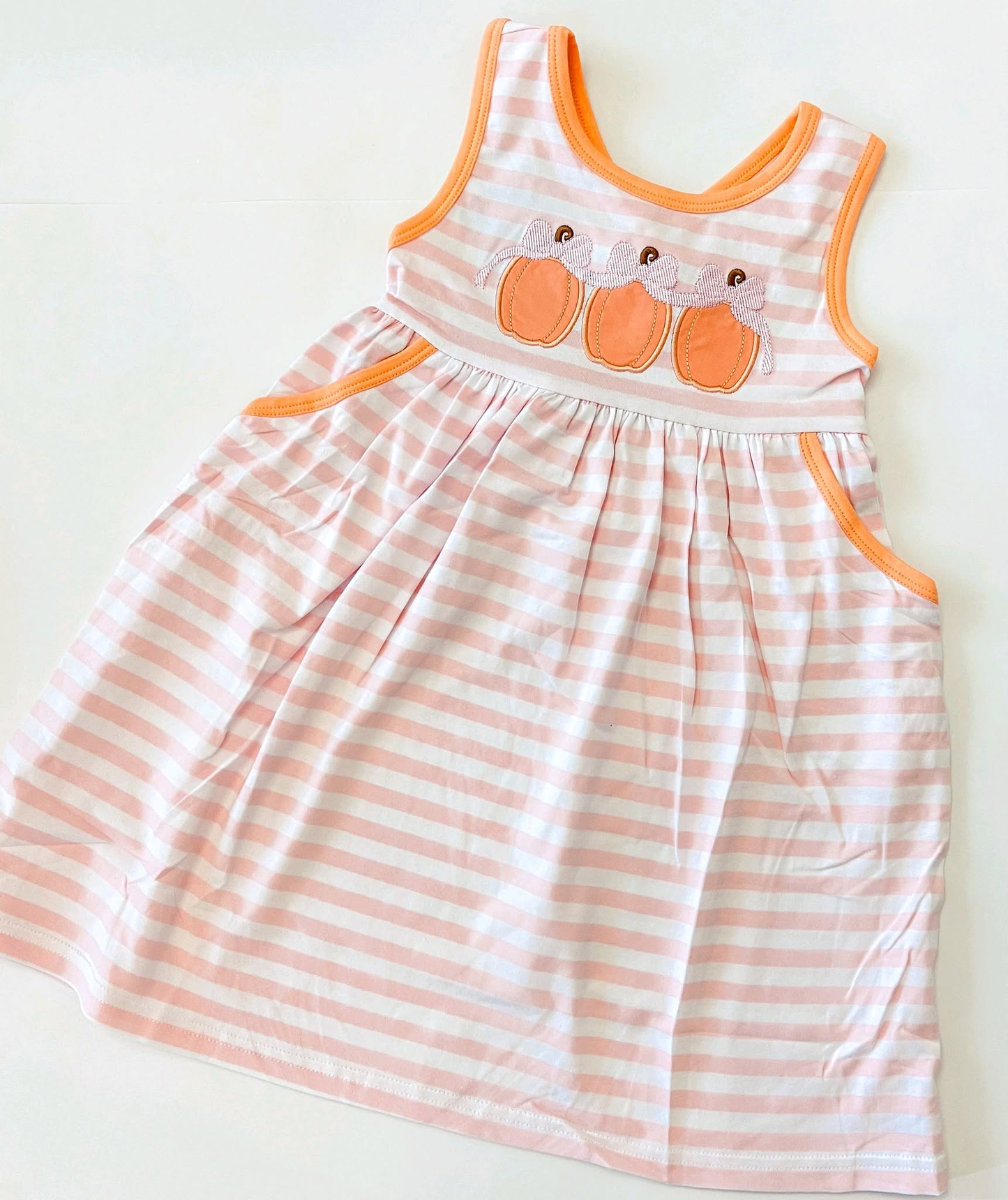Preorder moq 5 Baby Girls Bow Pumpkins Stripe Fall Pockets Knee Length Dress