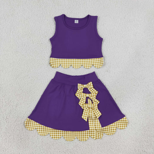 Baby Girls Purple Gold Vest Bows Skirt Short Yoga Active Scallop Clothes Set