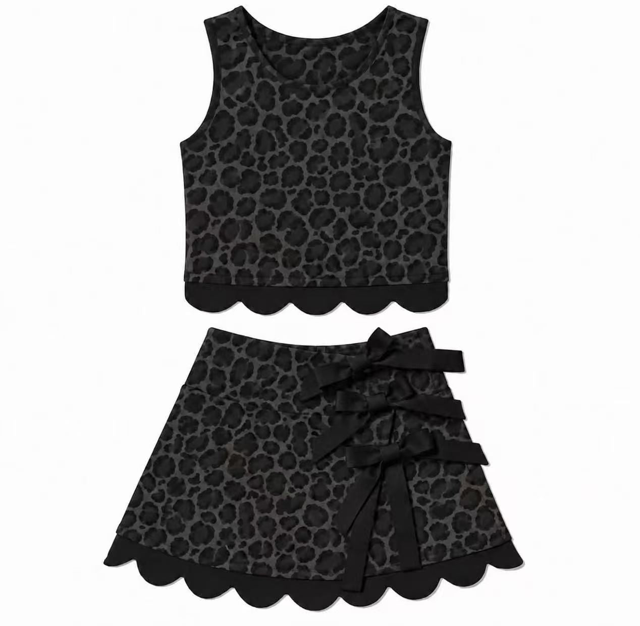 Preorder moq 5 Baby Girls Black Leopard Vest Bows Skirt Short Yoga Active Scallop Clothes Set