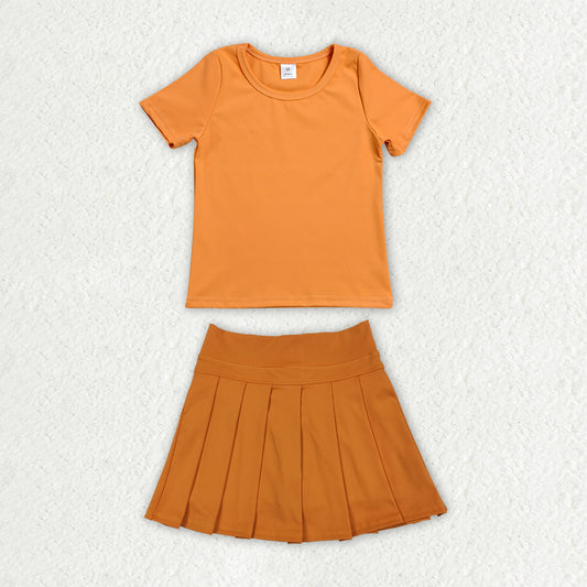 Baby Girls Orange Short Sleeve Shirt Top Pleated Skirt Short Yoga Active Clothes Sets