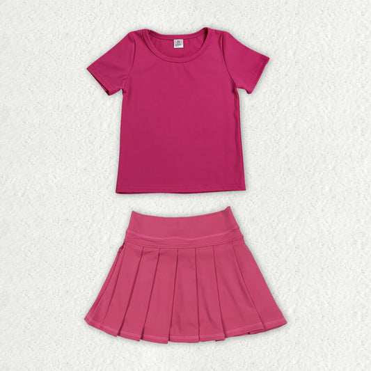 Baby Girls Hot Pink Short Sleeve Shirt Top Pleated Skirt Short Yoga Active Clothes Sets
