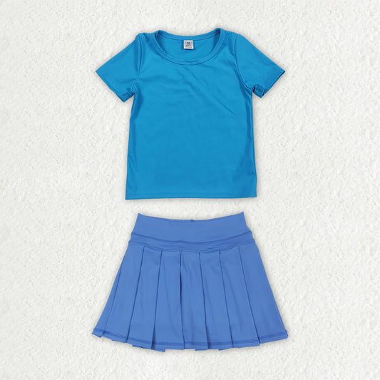 Baby Girls Hot Blue Short Sleeve Shirt Top Pleated Skirt Short Yoga Active Clothes Sets