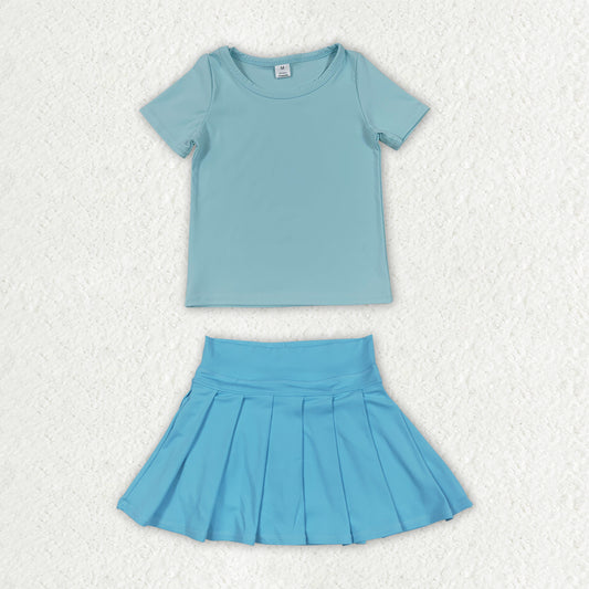 Baby Girls Blue Short Sleeve Shirt Top Pleated Skirt Short Yoga Active Clothes Sets
